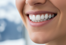 Close-up of a person's face showing a wide, confident smile with bright, perfectly aligned white teeth. The background is out of focus, suggesting a clean, serene environment with subtle hints of mountain scenery.