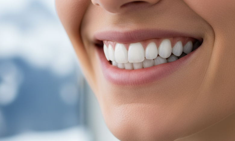 Close-up of a person's face showing a wide, confident smile with bright, perfectly aligned white teeth. The background is out of focus, suggesting a clean, serene environment with subtle hints of mountain scenery.