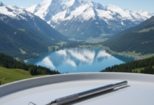 A photorealistic image depicting a pristine Swiss Alpine landscape with majestic snow-capped mountains and a clear lake in sharp focus. In the blurred foreground, a clean, metallic dental instrument subtly represents the high cost and quality of dental treatment discussed in the blog.