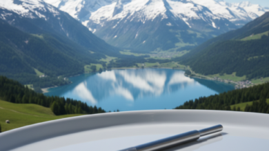 A photorealistic image depicting a pristine Swiss Alpine landscape with majestic snow-capped mountains and a clear lake in sharp focus. In the blurred foreground, a clean, metallic dental instrument subtly represents the high cost and quality of dental treatment discussed in the blog.