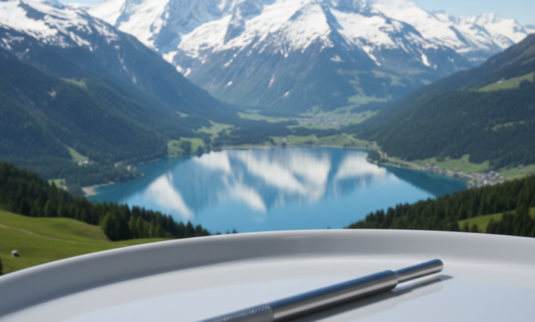A photorealistic image depicting a pristine Swiss Alpine landscape with majestic snow-capped mountains and a clear lake in sharp focus. In the blurred foreground, a clean, metallic dental instrument subtly represents the high cost and quality of dental treatment discussed in the blog.