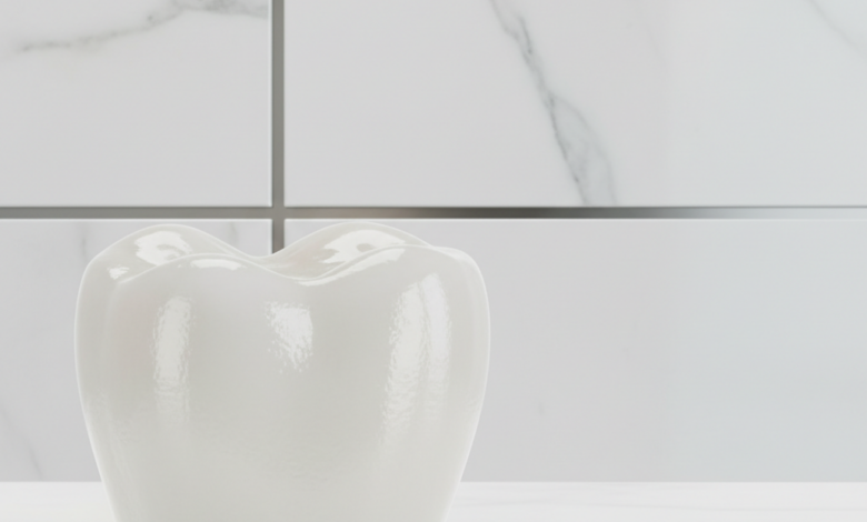 A photorealistic, ultra-detailed close-up of a perfect, naturally translucent white dental crown, showing a subtle sheen. The background is softly blurred, hinting at a modern, high-end clinic interior or a sophisticated Swiss setting. No visible text.