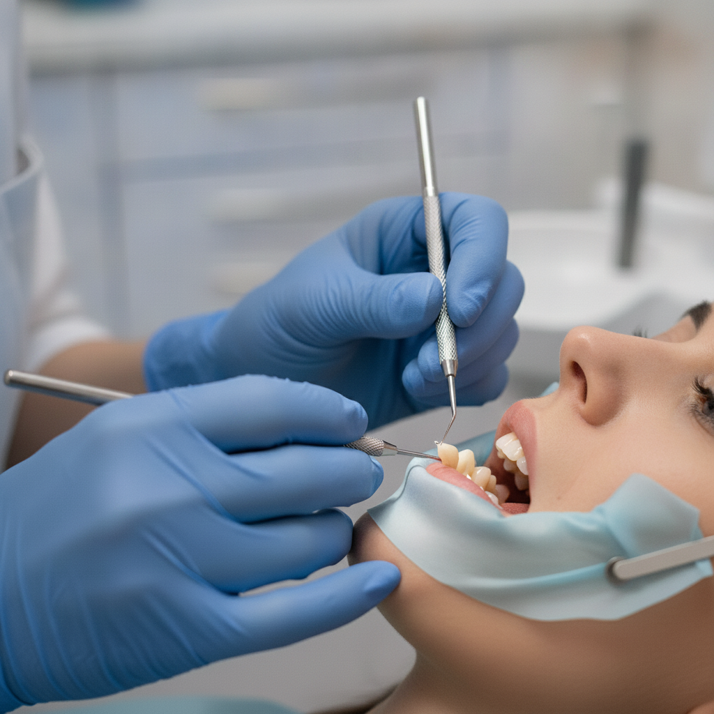Dental Resin Application and Sculpting Composite Bonding Switzerland: A dentist precisely applies and sculpts tooth-colored resin onto a patient's tooth.