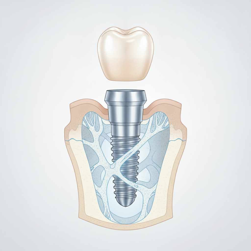 Dental Bridges vs Implants Switzerland: A titanium dental implant post securely integrates into the jawbone, forming a strong foundation.