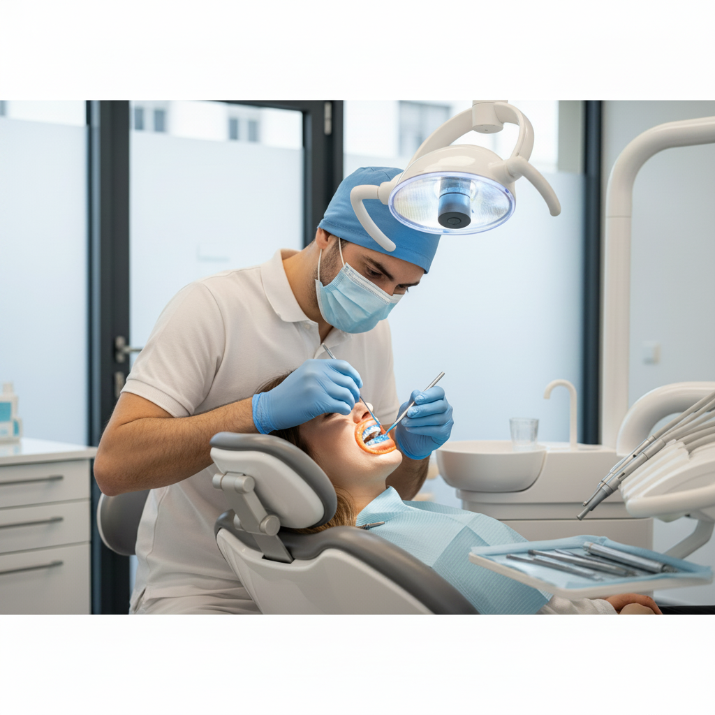 Professional Teeth Whitening Clinic Session Teeth Whitening Switzerland: A professional dentist applies whitening gel to a patient's teeth in a modern clinic.