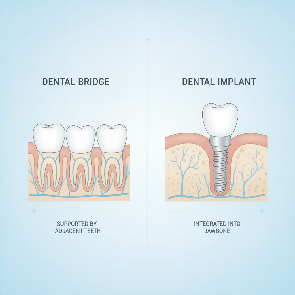 Dental Bridges vs Implants Switzerland: Conceptual visual contrasting the two modern tooth replacement solutions