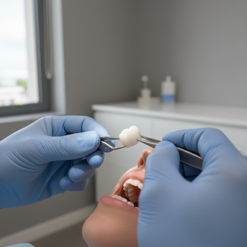 Dental Crowns Switzerland, professional dentist expertly places a permanent ceramic crown ensuring perfect fit and comfort
