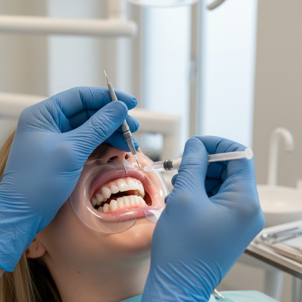 Professional dental procedure: applying teeth whitening gel Teeth Whitening Switzerland involves careful application of professional gel by a dentist for optimal results