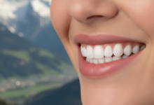 Close-up of a person's healthy, bright white smile with perfectly aligned teeth, showcasing the results of composite bonding. In the softly blurred background, the iconic Swiss Alps are visible under clear skies.