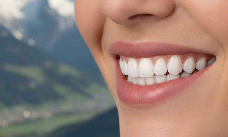Close-up of a person's healthy, bright white smile with perfectly aligned teeth, showcasing the results of composite bonding. In the softly blurred background, the iconic Swiss Alps are visible under clear skies.