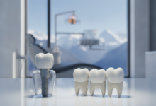 A detailed, photorealistic side-by-side comparison of a dental implant and a dental bridge on a sterile surface. The implant shows its screw, abutment, and crown, while the bridge displays two crowns supporting a central pontic. The background is a blurred, modern dental clinic with a faint, out-of-focus view of the Swiss Alps, suggesting high-standard dental care in Switzerland.