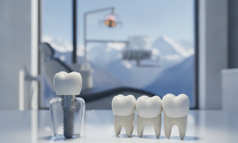 A detailed, photorealistic side-by-side comparison of a dental implant and a dental bridge on a sterile surface. The implant shows its screw, abutment, and crown, while the bridge displays two crowns supporting a central pontic. The background is a blurred, modern dental clinic with a faint, out-of-focus view of the Swiss Alps, suggesting high-standard dental care in Switzerland.