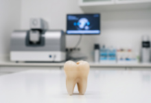 Close-up of a perfectly formed, natural-looking ceramic dental crown resting on a sterile white surface, with a blurred, modern dental clinic or lab in the background. The image highlights the crown's detail and quality.