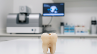 Close-up of a perfectly formed, natural-looking ceramic dental crown resting on a sterile white surface, with a blurred, modern dental clinic or lab in the background. The image highlights the crown's detail and quality.