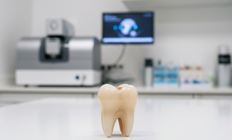 Close-up of a perfectly formed, natural-looking ceramic dental crown resting on a sterile white surface, with a blurred, modern dental clinic or lab in the background. The image highlights the crown's detail and quality.