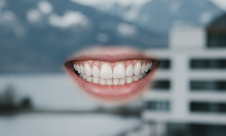 Close-up of a bright, healthy, and perfectly restored natural smile with impeccably aligned teeth, against a very softly blurred background hinting at a pristine Swiss Alpine landscape and modern architectural elements.