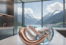 A photorealistic depiction of a conceptual, healthy gum line or abstract dental wellness, centrally focused in a bright, modern, and sterile dental clinic interior. In the blurred background, a majestic Swiss mountain range under clear skies is visible through a large window. The scene conveys advanced oral healthcare and precision in a serene Swiss setting, without any text.