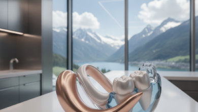 A photorealistic depiction of a conceptual, healthy gum line or abstract dental wellness, centrally focused in a bright, modern, and sterile dental clinic interior. In the blurred background, a majestic Swiss mountain range under clear skies is visible through a large window. The scene conveys advanced oral healthcare and precision in a serene Swiss setting, without any text.