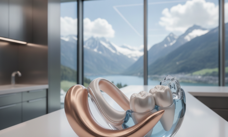 A photorealistic depiction of a conceptual, healthy gum line or abstract dental wellness, centrally focused in a bright, modern, and sterile dental clinic interior. In the blurred background, a majestic Swiss mountain range under clear skies is visible through a large window. The scene conveys advanced oral healthcare and precision in a serene Swiss setting, without any text.