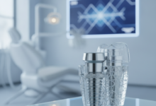 A highly detailed, photorealistic close-up of a conceptual dental implant model, showcasing its integration into a bone-like structure, against a softly blurred background of a modern, sterile dental clinic designed with sleek, minimalist aesthetics.