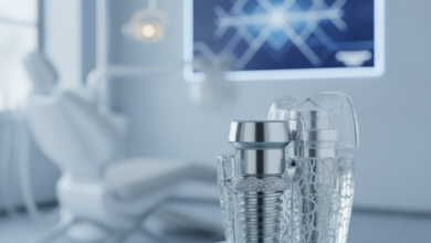 A highly detailed, photorealistic close-up of a conceptual dental implant model, showcasing its integration into a bone-like structure, against a softly blurred background of a modern, sterile dental clinic designed with sleek, minimalist aesthetics.