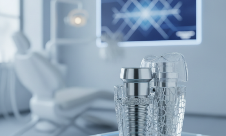 A highly detailed, photorealistic close-up of a conceptual dental implant model, showcasing its integration into a bone-like structure, against a softly blurred background of a modern, sterile dental clinic designed with sleek, minimalist aesthetics.