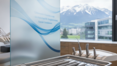 Close-up of sterile, high-tech dental instruments on a clean tray inside a modern clinic, with a blurred view of the Swiss Alps visible through a window in the background. The scene suggests meticulous care and advanced dental procedures.