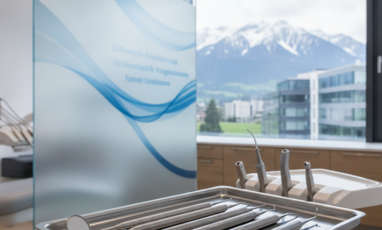 Close-up of sterile, high-tech dental instruments on a clean tray inside a modern clinic, with a blurred view of the Swiss Alps visible through a window in the background. The scene suggests meticulous care and advanced dental procedures.