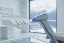 A close-up, photorealistic image of an advanced dental laser handpiece, with a glowing tip, within a modern and sterile dental clinic. The background is softly blurred with hints of contemporary Swiss interior design and a faint view of an alpine landscape, symbolizing precision and high-quality care.