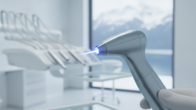 A close-up, photorealistic image of an advanced dental laser handpiece, with a glowing tip, within a modern and sterile dental clinic. The background is softly blurred with hints of contemporary Swiss interior design and a faint view of an alpine landscape, symbolizing precision and high-quality care.