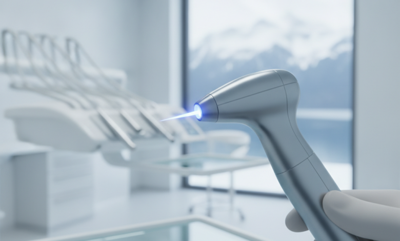 A close-up, photorealistic image of an advanced dental laser handpiece, with a glowing tip, within a modern and sterile dental clinic. The background is softly blurred with hints of contemporary Swiss interior design and a faint view of an alpine landscape, symbolizing precision and high-quality care.