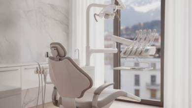 A pristine and modern dental examination room with a comfortable, high-tech dental chair. Advanced, minimalist dental equipment is subtly visible in the background, and a blurred view through a window shows an elegant cityscape with distant mountains, suggesting Switzerland. The scene conveys professionalism and comfort.