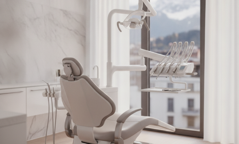 A pristine and modern dental examination room with a comfortable, high-tech dental chair. Advanced, minimalist dental equipment is subtly visible in the background, and a blurred view through a window shows an elegant cityscape with distant mountains, suggesting Switzerland. The scene conveys professionalism and comfort.