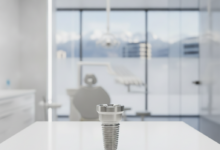 Close-up of a gleaming, state-of-the-art titanium dental implant model, showcasing its intricate design on a sterile, minimalist surface. The background is a blurred, high-tech dental clinic with soft, cinematic lighting. Through a window, a faint, out-of-focus view of the Swiss Alps is visible, symbolizing advanced medical technology and precision in Switzerland.