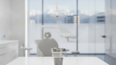Close-up of a gleaming, state-of-the-art titanium dental implant model, showcasing its intricate design on a sterile, minimalist surface. The background is a blurred, high-tech dental clinic with soft, cinematic lighting. Through a window, a faint, out-of-focus view of the Swiss Alps is visible, symbolizing advanced medical technology and precision in Switzerland.