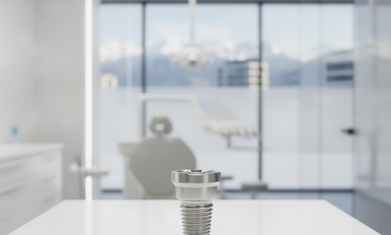 Close-up of a gleaming, state-of-the-art titanium dental implant model, showcasing its intricate design on a sterile, minimalist surface. The background is a blurred, high-tech dental clinic with soft, cinematic lighting. Through a window, a faint, out-of-focus view of the Swiss Alps is visible, symbolizing advanced medical technology and precision in Switzerland.