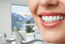 A close-up, photorealistic image of a person smiling confidently, showcasing perfectly white, radiant teeth. The background is a soft blur of a clean, modern dental environment.