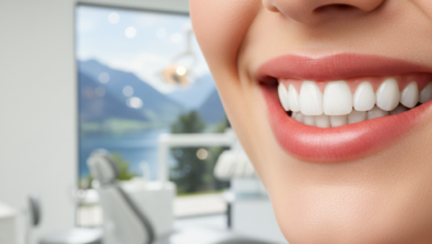 A close-up, photorealistic image of a person smiling confidently, showcasing perfectly white, radiant teeth. The background is a soft blur of a clean, modern dental environment.
