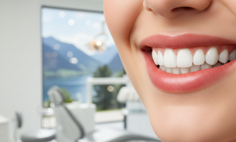 A close-up, photorealistic image of a person smiling confidently, showcasing perfectly white, radiant teeth. The background is a soft blur of a clean, modern dental environment.