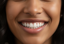 Close-up of a person smiling confidently with perfect, bright white teeth, set against a beautifully blurred background of the majestic Swiss Alps under a clear sky. The lighting is soft and natural, emphasizing the radiant smile.