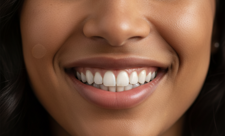 Close-up of a person smiling confidently with perfect, bright white teeth, set against a beautifully blurred background of the majestic Swiss Alps under a clear sky. The lighting is soft and natural, emphasizing the radiant smile.