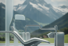A photorealistic image showing a pristine, minimalist dental clinic foreground with sleek surfaces and subtle high-tech accents, blurring into a background of majestic Swiss mountains under soft daylight. The scene conveys modern, comfortable dental care in Switzerland.