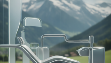 A photorealistic image showing a pristine, minimalist dental clinic foreground with sleek surfaces and subtle high-tech accents, blurring into a background of majestic Swiss mountains under soft daylight. The scene conveys modern, comfortable dental care in Switzerland.