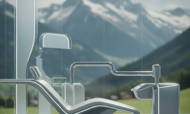 A photorealistic image showing a pristine, minimalist dental clinic foreground with sleek surfaces and subtle high-tech accents, blurring into a background of majestic Swiss mountains under soft daylight. The scene conveys modern, comfortable dental care in Switzerland.