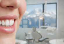 Close-up of a perfectly healthy, bright, natural smile in sharp focus. The background is softly blurred, showing a clean, modern dental clinic interior with a very faint, distant outline of Swiss mountains, subtly conveying dental health and financial planning in Switzerland.