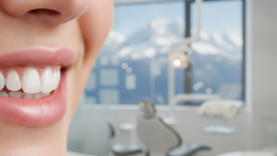 Close-up of a perfectly healthy, bright, natural smile in sharp focus. The background is softly blurred, showing a clean, modern dental clinic interior with a very faint, distant outline of Swiss mountains, subtly conveying dental health and financial planning in Switzerland.