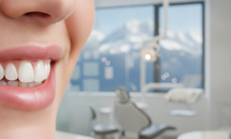Close-up of a perfectly healthy, bright, natural smile in sharp focus. The background is softly blurred, showing a clean, modern dental clinic interior with a very faint, distant outline of Swiss mountains, subtly conveying dental health and financial planning in Switzerland.