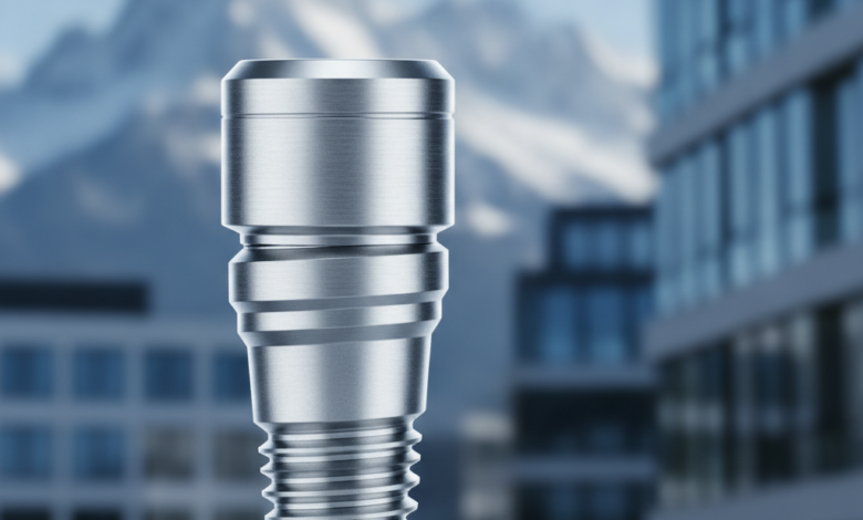 A photorealistic close-up of a pristine, metallic dental implant, gleaming and in sharp focus. The background is softly blurred, revealing the majestic, snow-capped peaks of the Swiss Alps or modern Swiss architecture, without any visible text.