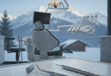 A photorealistic image of a modern, high-tech dental examination room with a sleek dental chair and instruments. In the blurred background, majestic snow-capped Swiss mountains are visible under a clear sky. A subtle, abstract overlay in the foreground hints at financial complexity. The scene conveys quality, precision, and the costs associated with dental care in Switzerland.