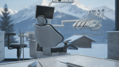 A photorealistic image of a modern, high-tech dental examination room with a sleek dental chair and instruments. In the blurred background, majestic snow-capped Swiss mountains are visible under a clear sky. A subtle, abstract overlay in the foreground hints at financial complexity. The scene conveys quality, precision, and the costs associated with dental care in Switzerland.